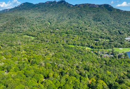Aerial view over forest and mountains in Linville, NC